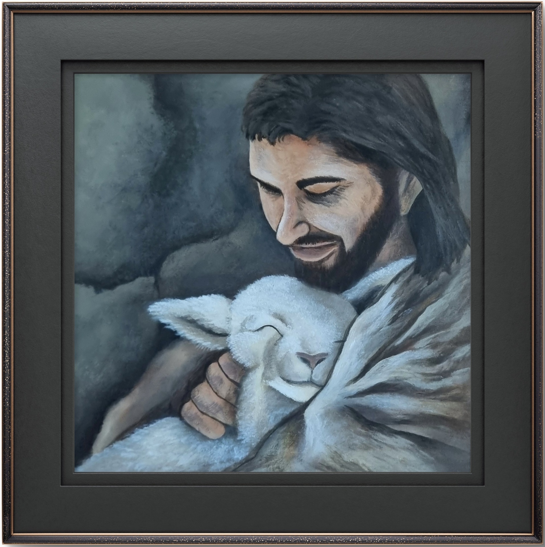 Acrylic painting on a wooden serving tray portraying Jesus walking closely beside a sheep.