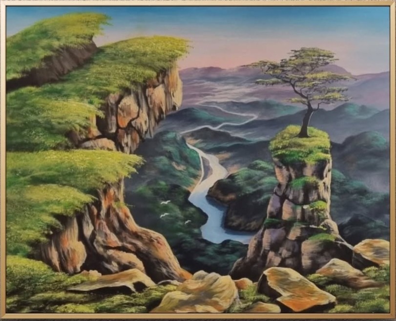 Watercolour landscape of dramatic canyon cliffs illuminated by warm natural light.
