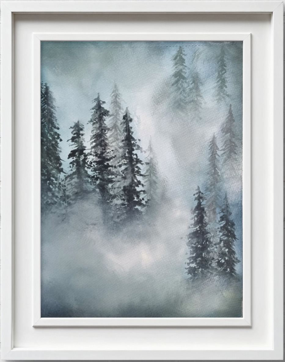 Watercolour forest landscape with mist drifting among tall trees in soft morning light.