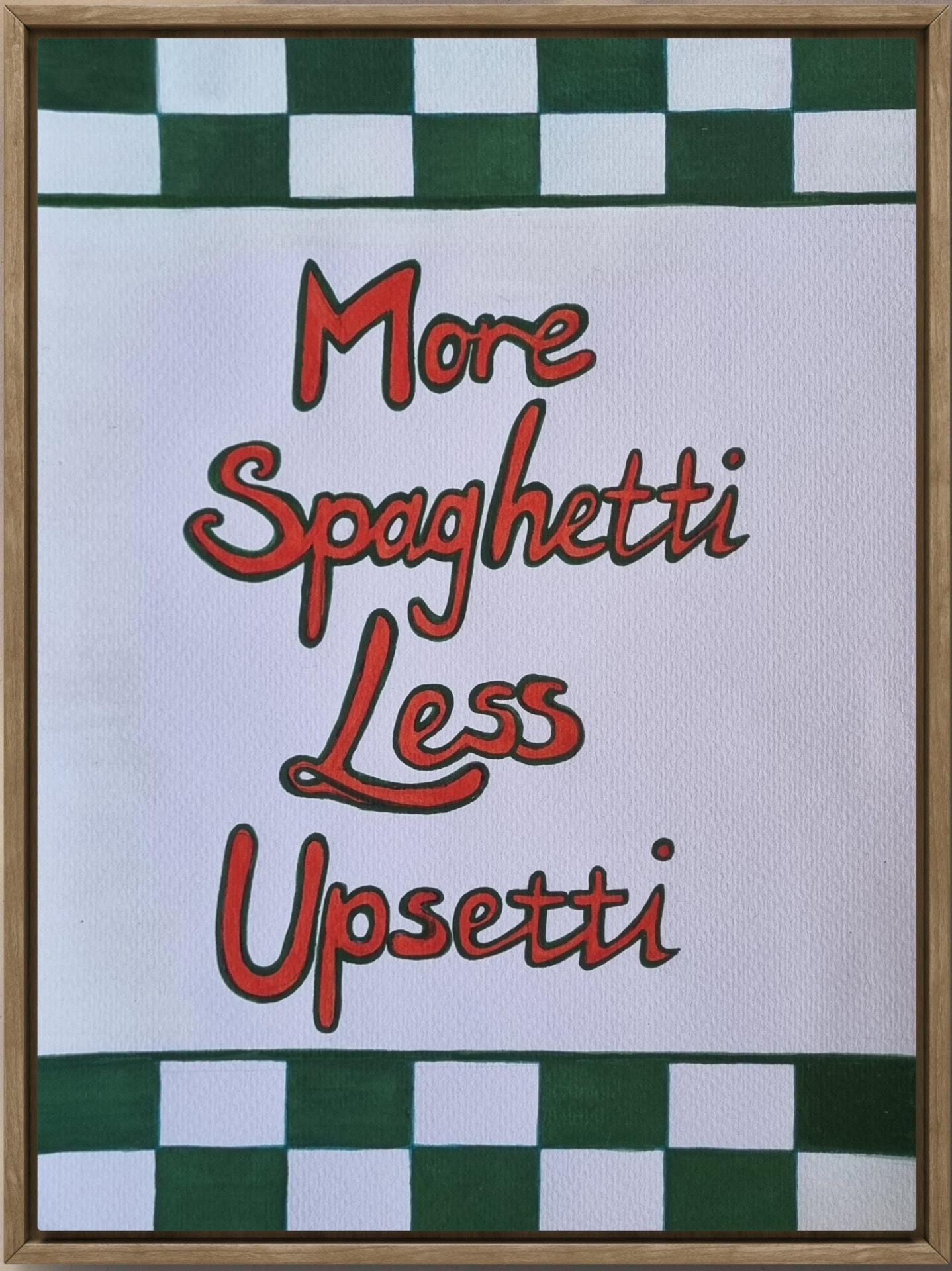 Watercolour still life of a spaghetti meal with a playful, light-hearted theme.
