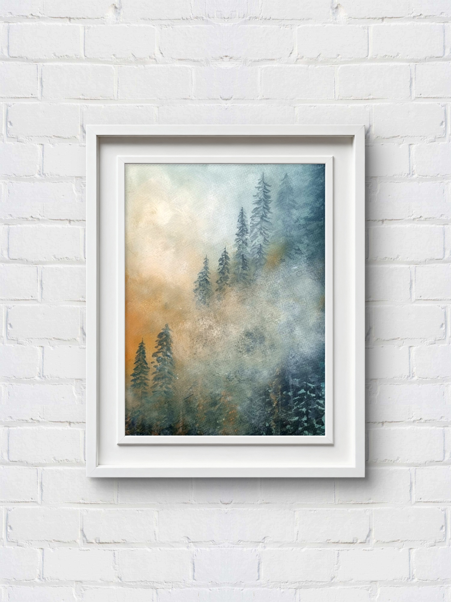 Watercolour forest landscape with sunlight filtering through trees at the start of a new day.