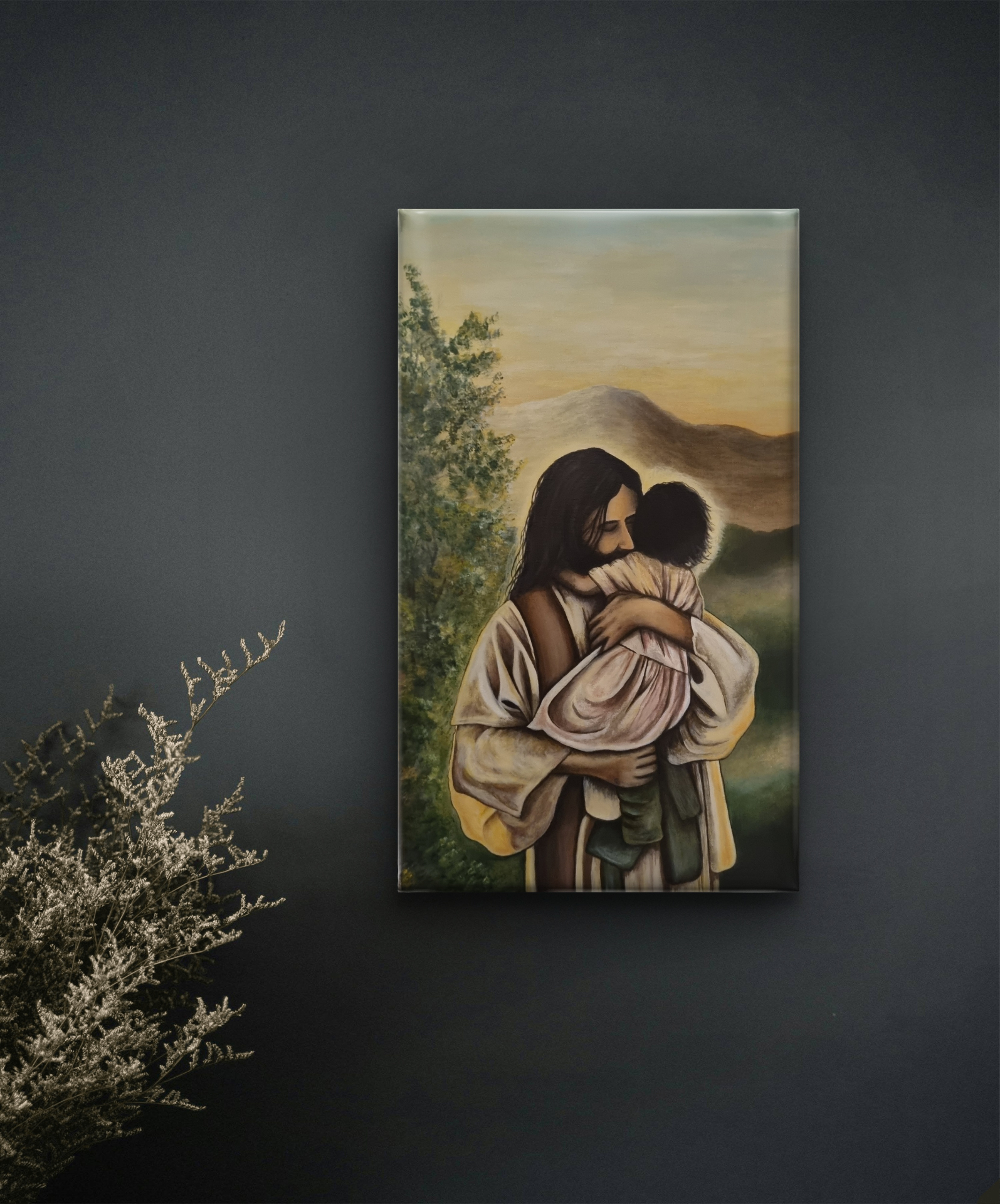 Christian watercolour artwork portraying the safety, comfort and protection found in Christ's embrace.