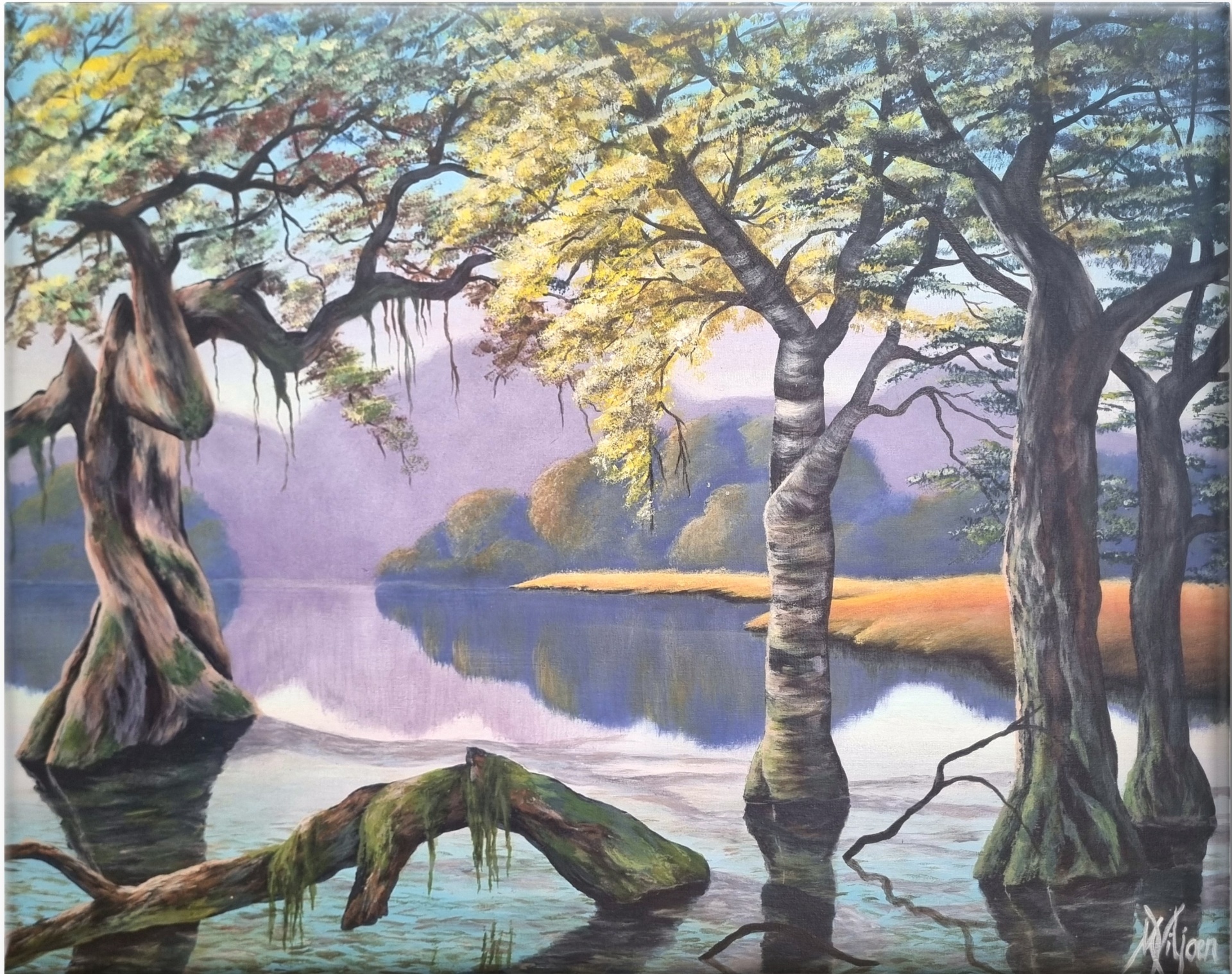 Watercolour landscape showing a winding river flowing through a peaceful natural setting.