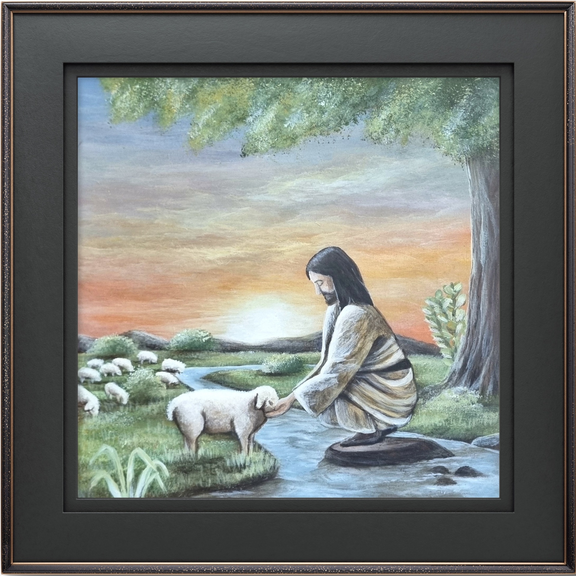 Acrylic painting on a wooden serving tray of the Good Shepherd leading sheep beside calm waters.