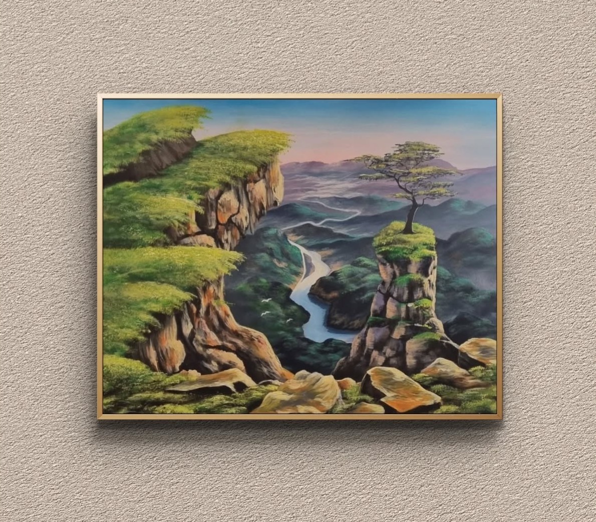 Watercolour landscape of dramatic canyon cliffs illuminated by warm natural light.