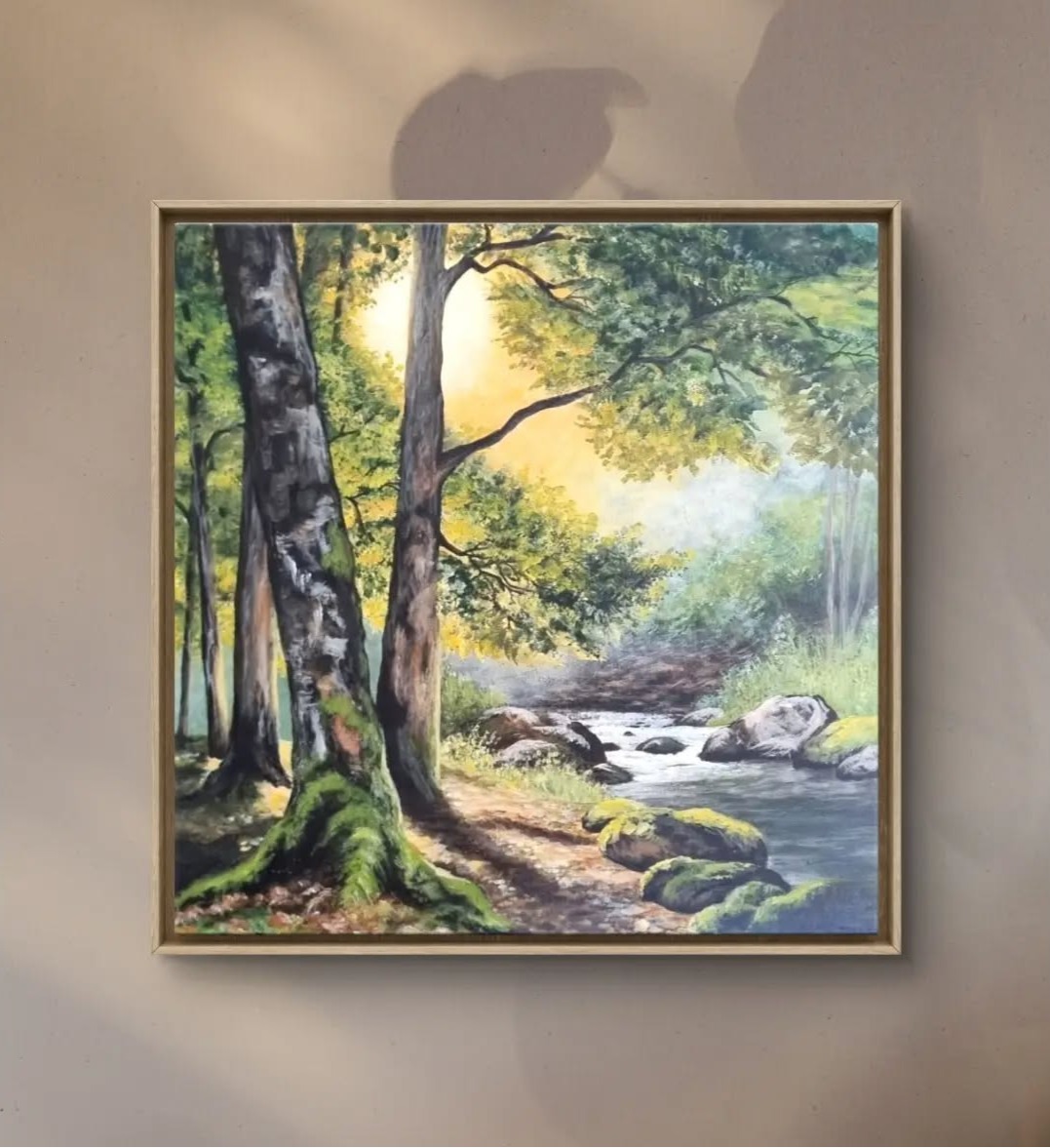 Watercolour woodland landscape with a peaceful forest path inviting rest and reflection.