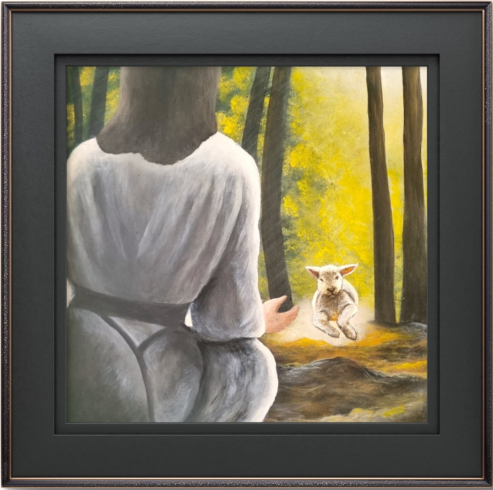 Acrylic painting on a wooden serving tray depicting a sheep running joyfully into the embrace of Jesus.