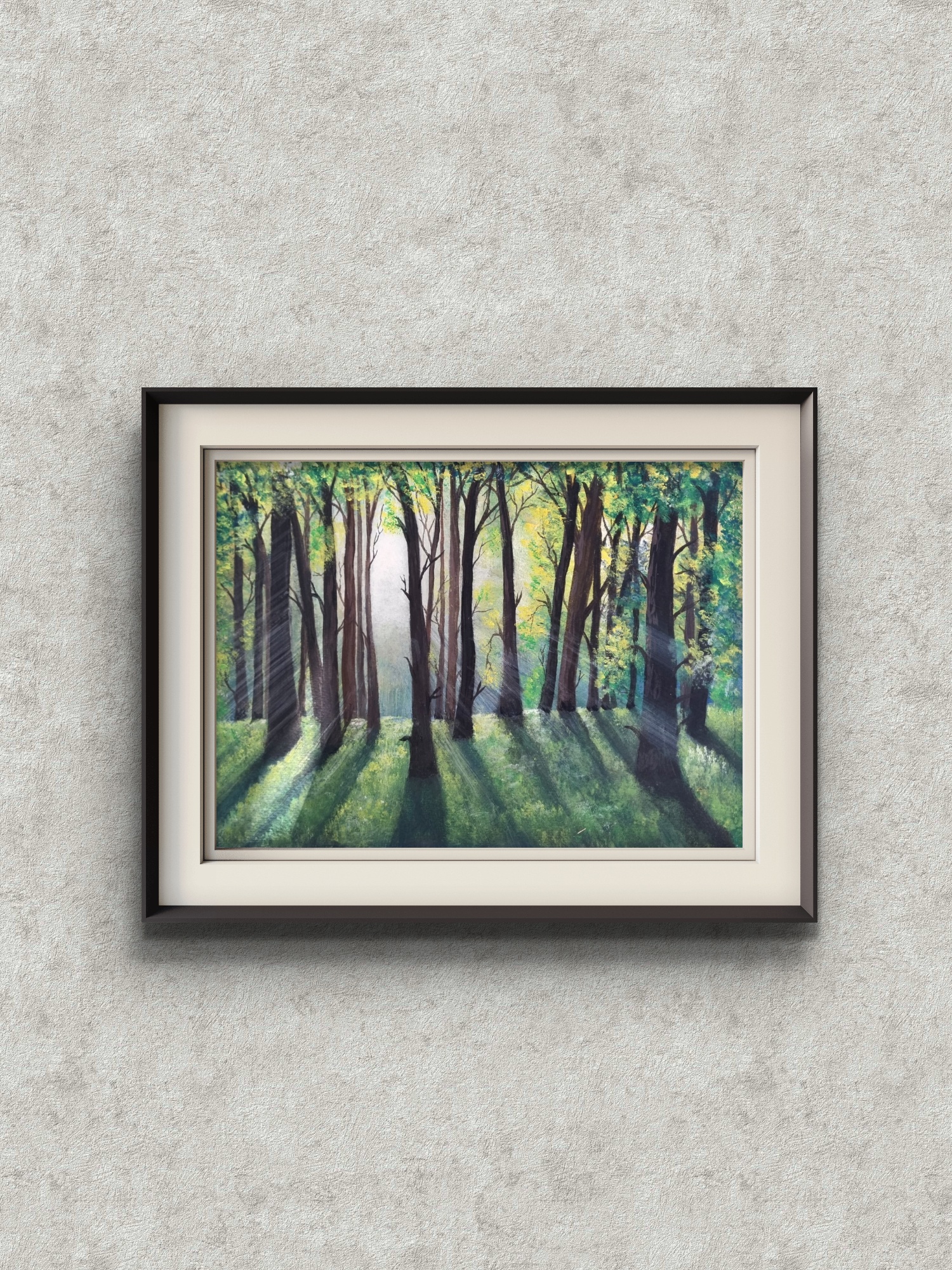 Watercolour landscape looking through a forest toward distant light and open countryside.