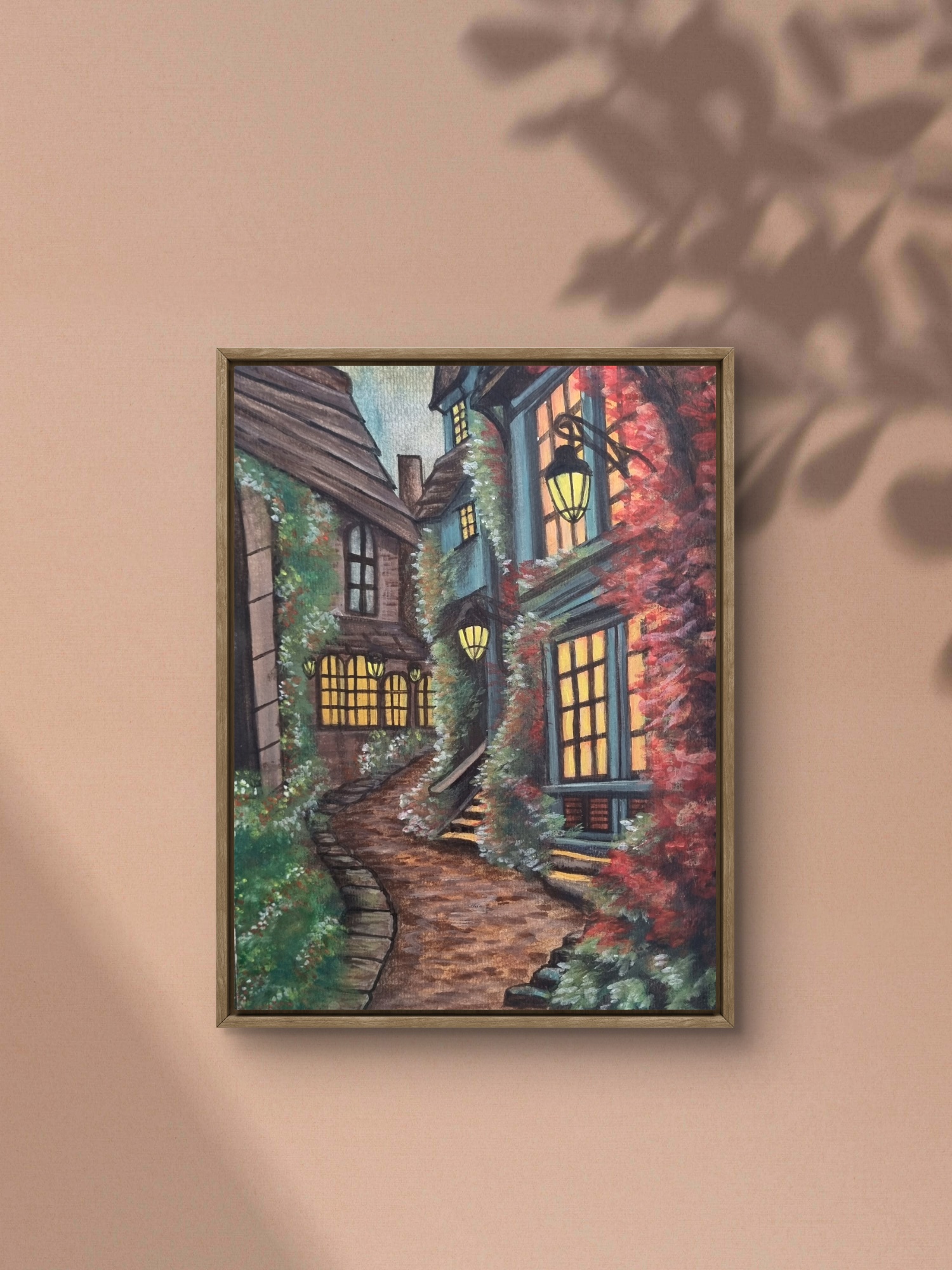 Watercolour streetscape depicting a peaceful residential street with timeless character.