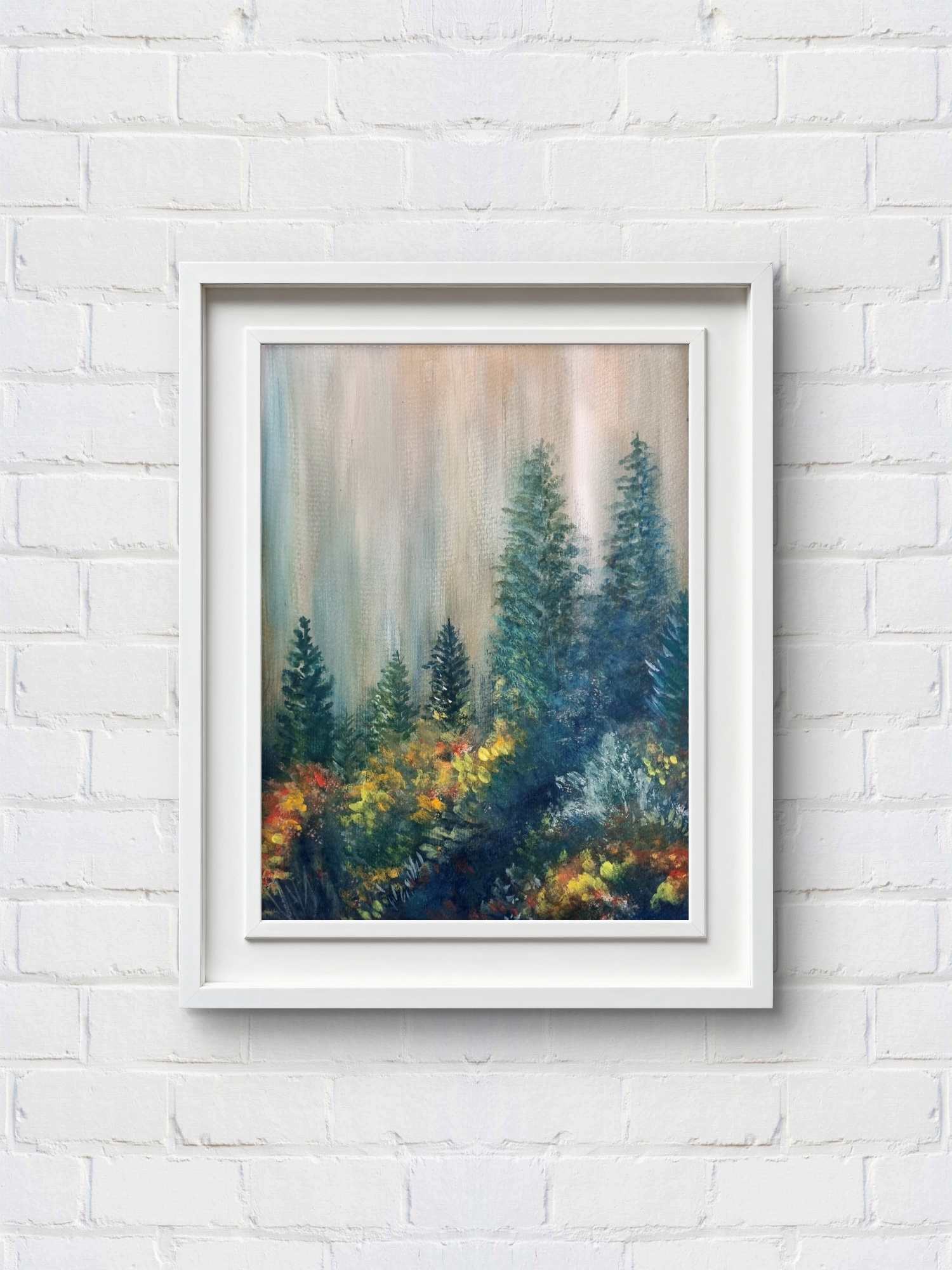 Watercolour woodland scene capturing the stillness and quiet beauty of a dense forest.