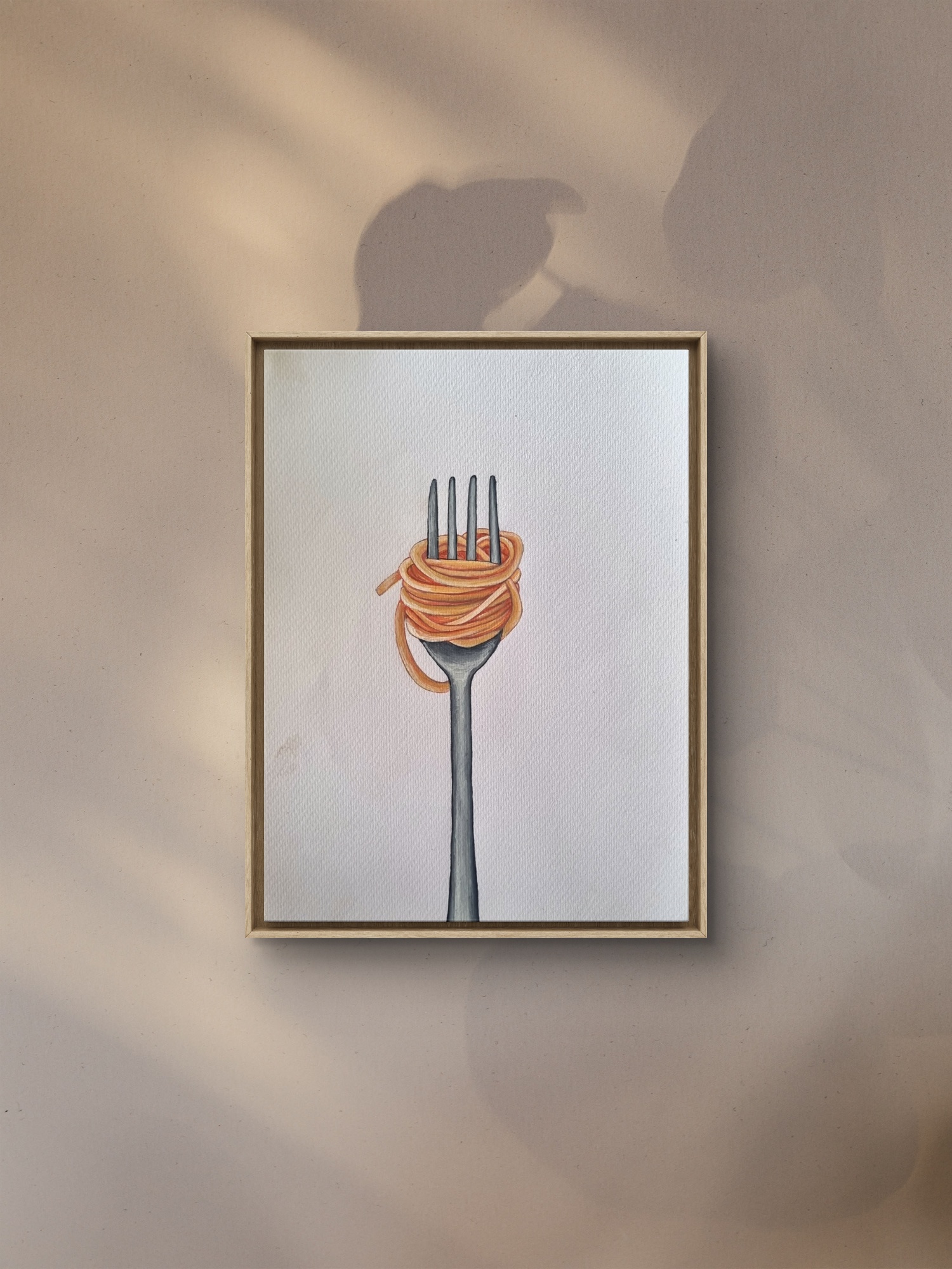 Watercolour still life featuring a classic spaghetti dish prepared with warmth and simplicity.