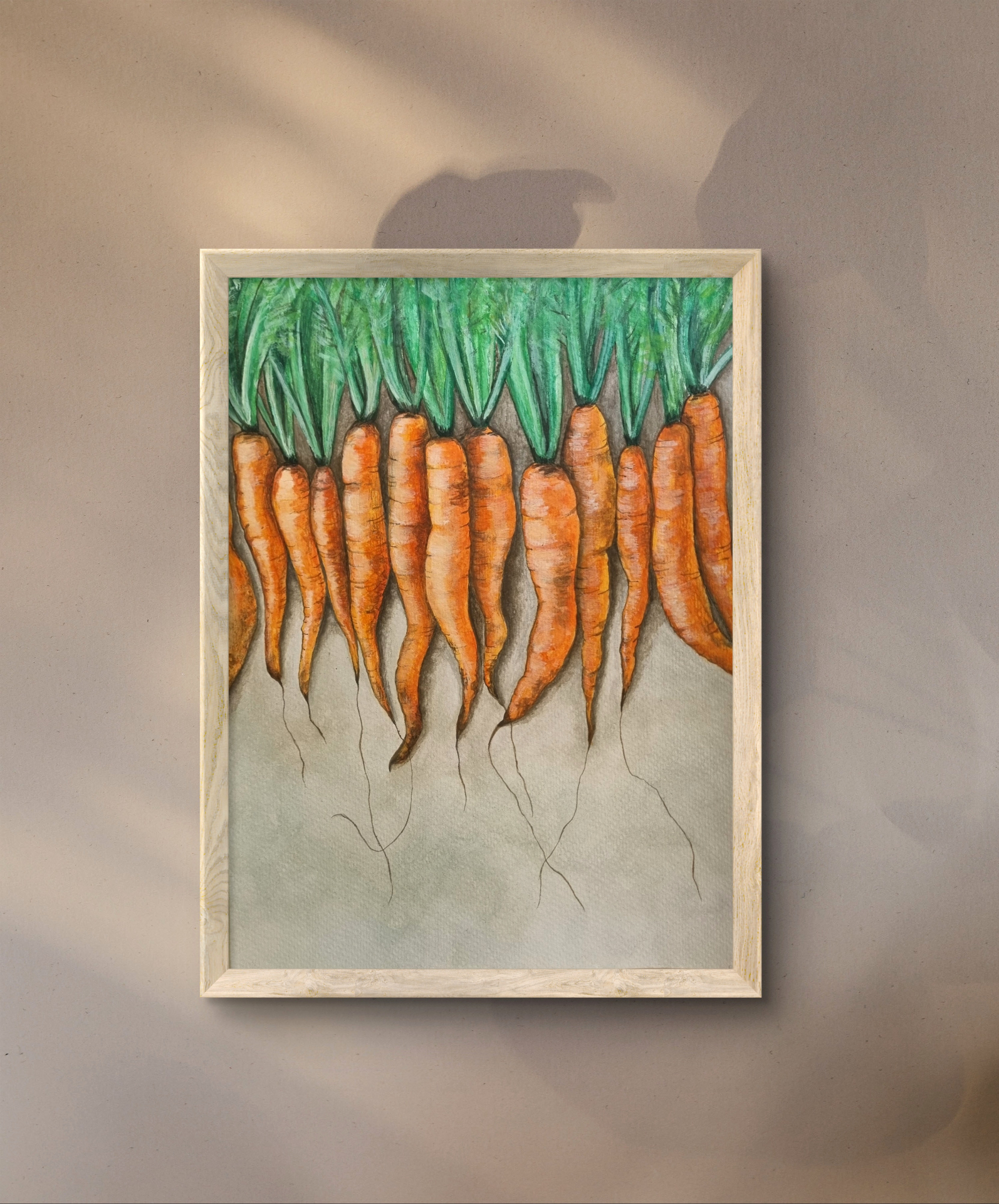 Watercolour still life featuring freshly harvested vegetables arranged in a rustic setting.