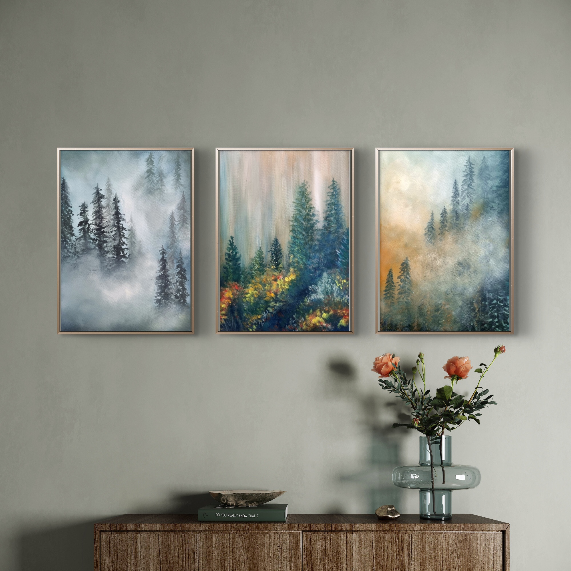 Misty Forest collection — three framed atmospheric forest paintings arranged as a gallery wall by Melinda Viljoen.