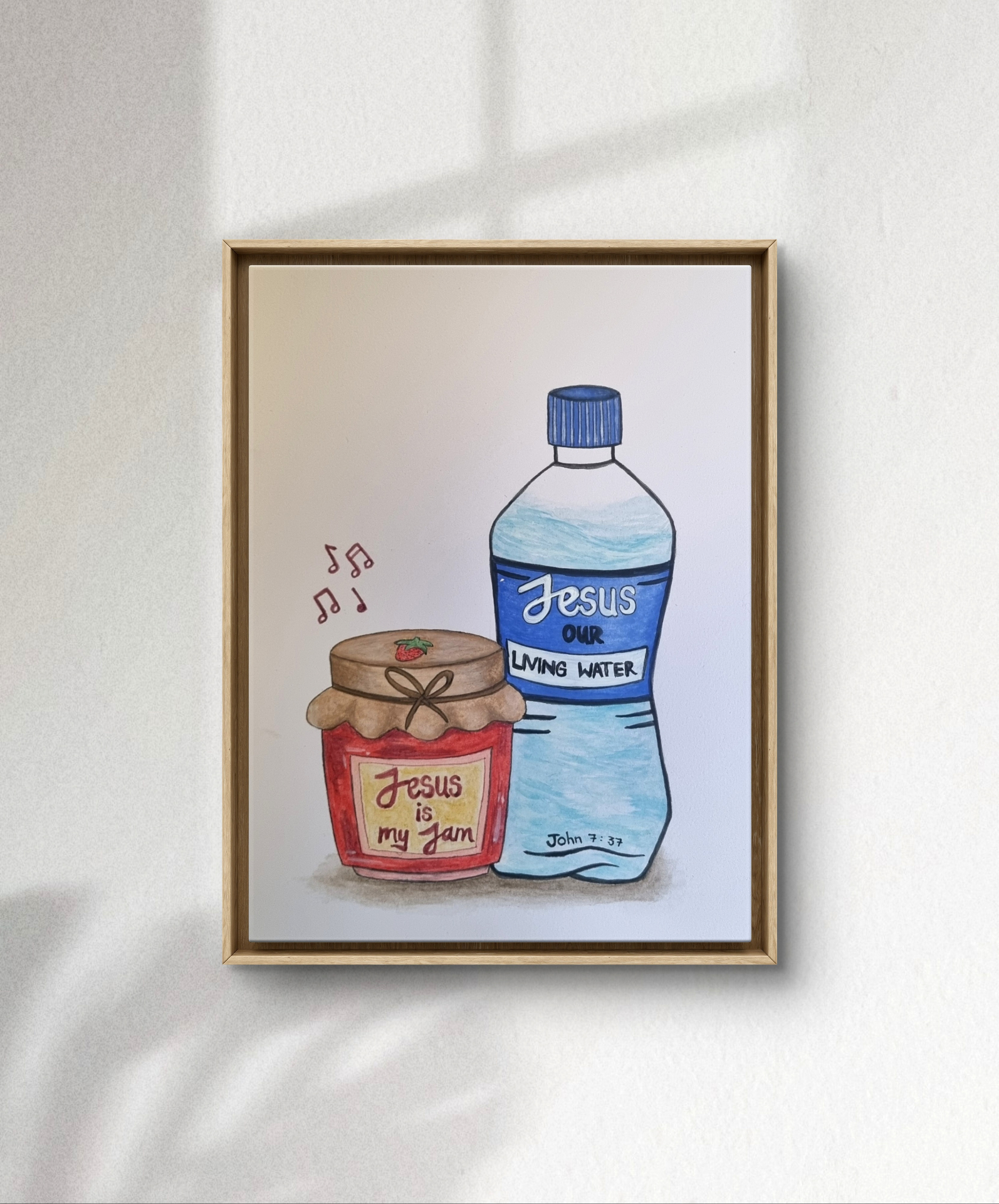 Watercolour still life featuring a jar of jam with a joyful Christian message.