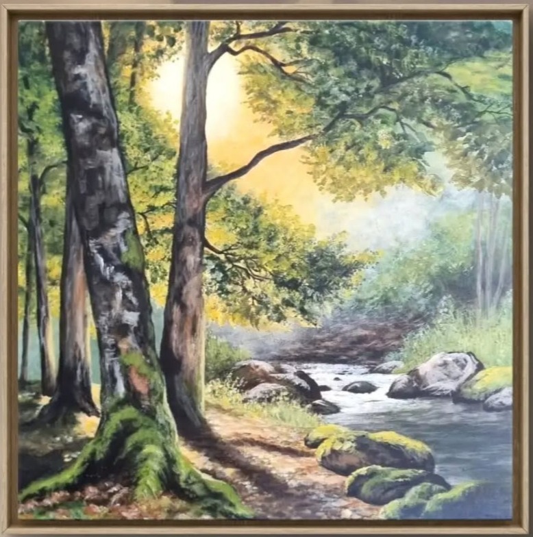Watercolour woodland landscape with a peaceful forest path inviting rest and reflection.