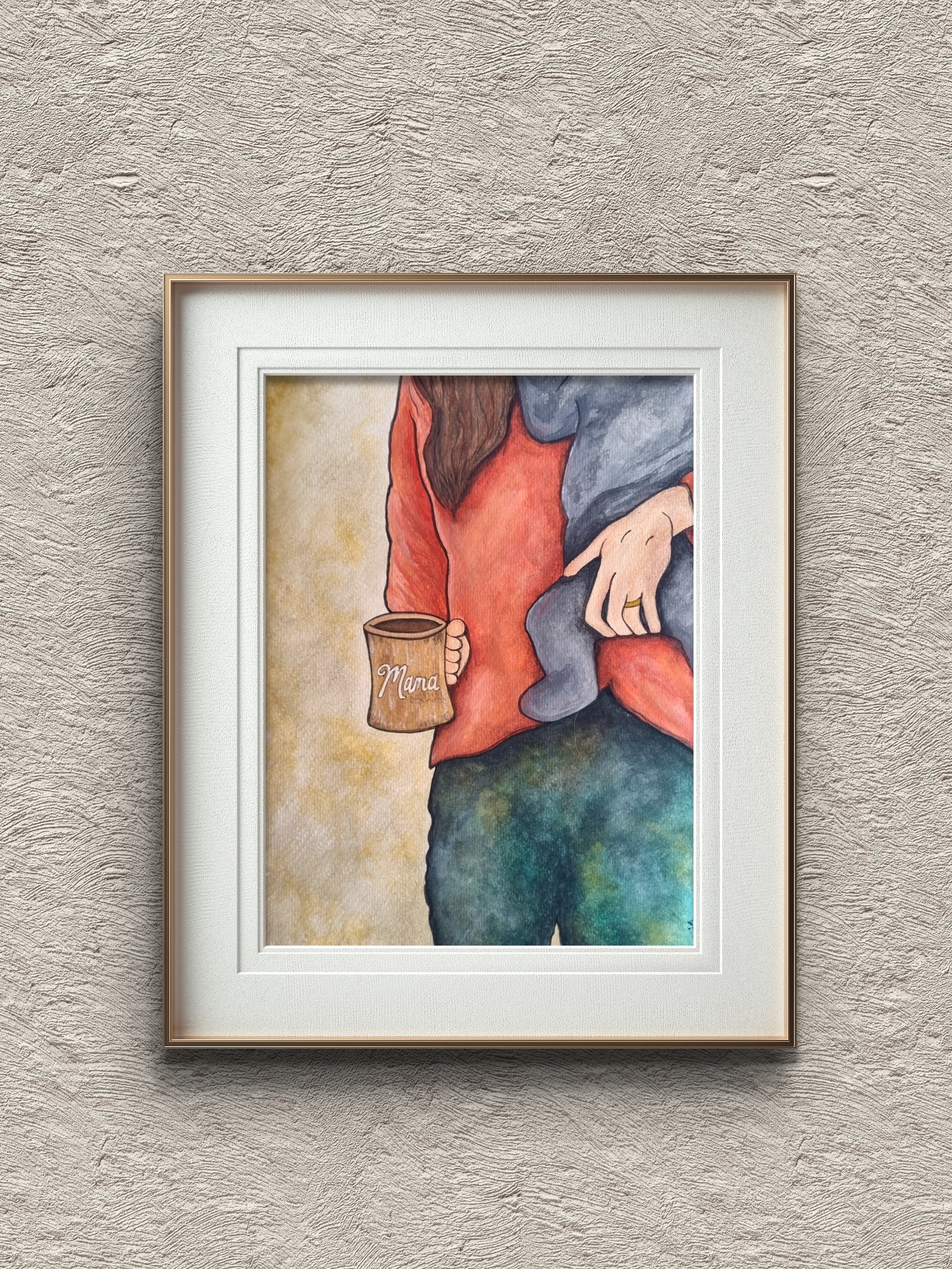 Watercolour artwork celebrating motherhood through a warm and heartfelt composition.
