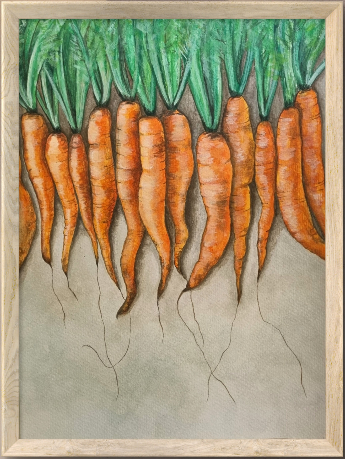 Watercolour still life featuring freshly harvested vegetables arranged in a rustic setting.