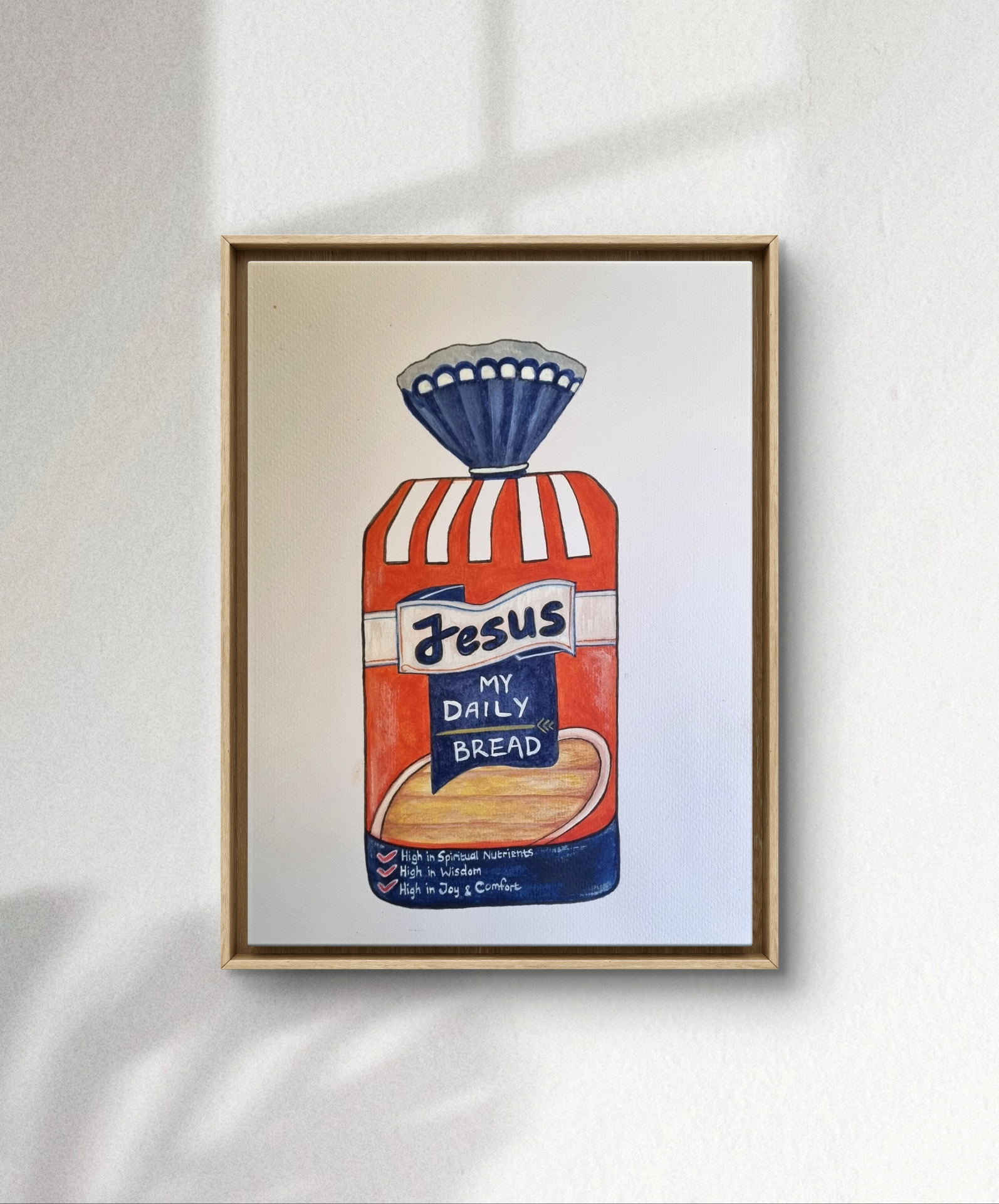 Watercolour artwork featuring bread with a Christian message symbolising Jesus as the Bread of Life.
