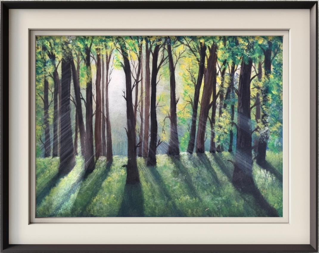 Watercolour landscape looking through a forest toward distant light and open countryside.