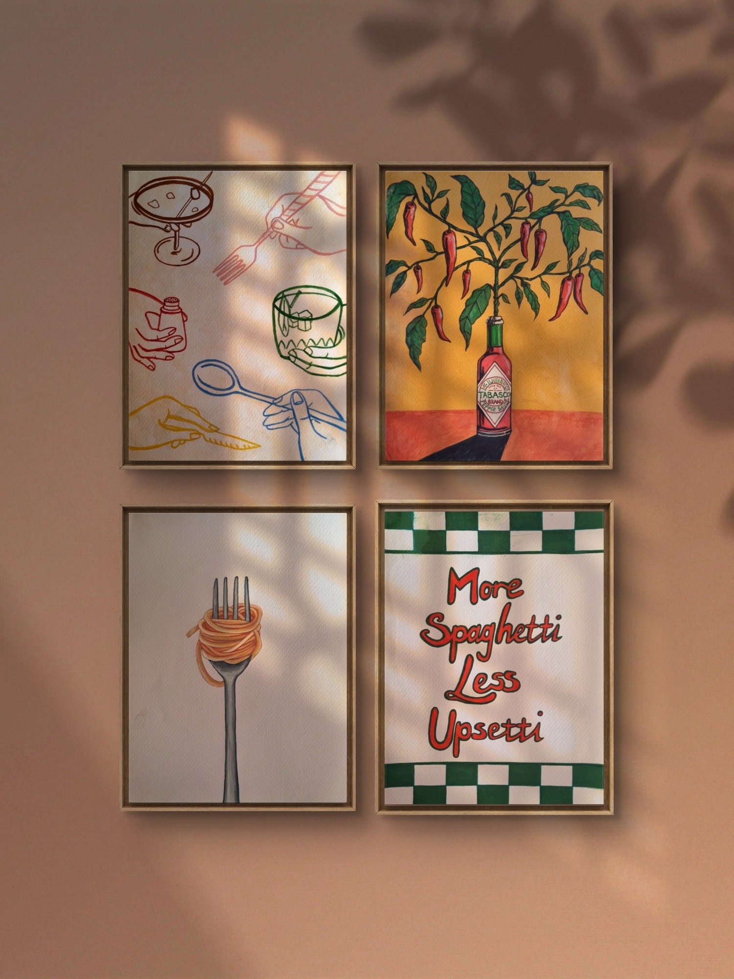 Dining Room collection — four framed original paintings arranged as a gallery wall by Melinda Viljoen.