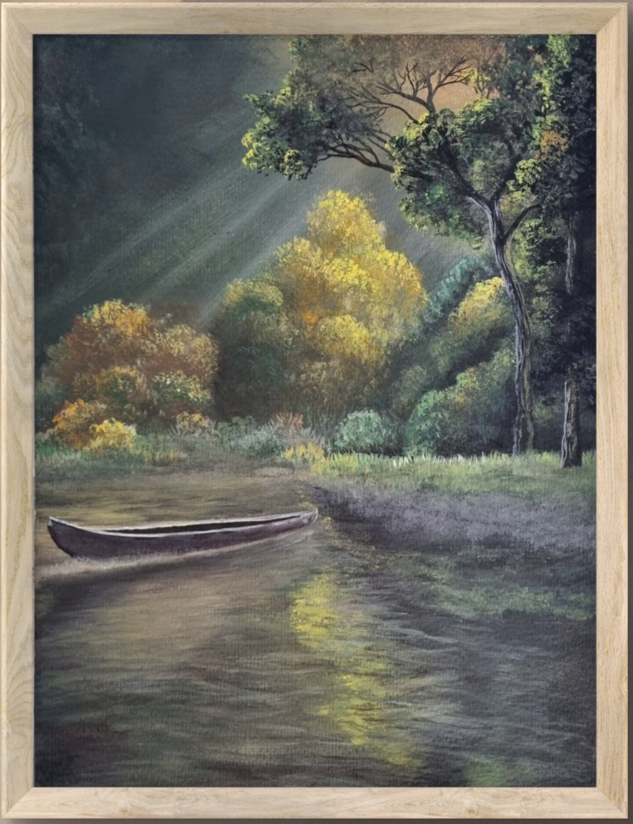 Watercolour landscape of a quiet riverbank shaded by mature trees and natural foliage.