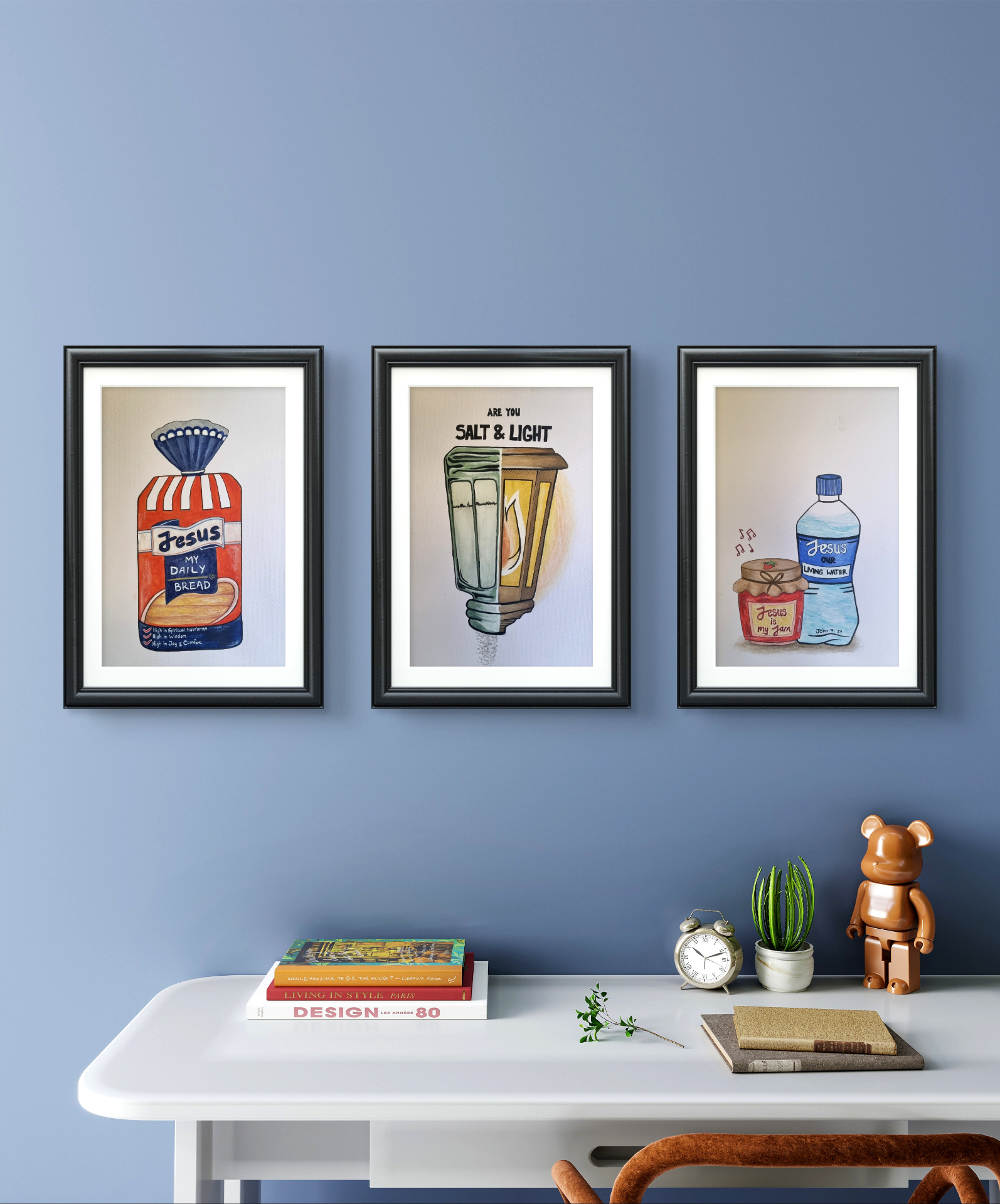 Everyday Grace collection — three framed whimsical devotional paintings arranged as a gallery wall by Melinda Viljoen.