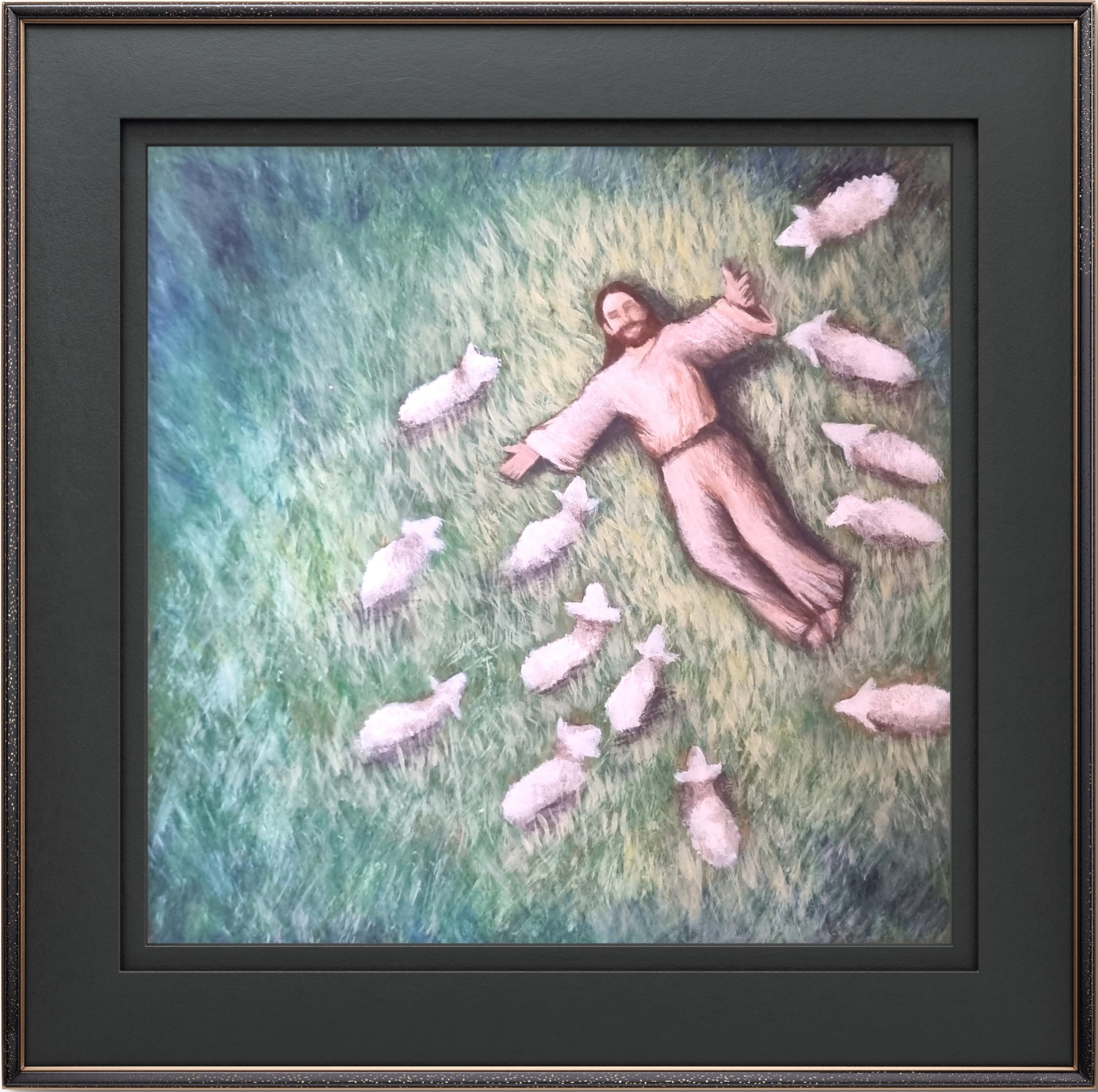 Acrylic painting on a wooden serving tray depicting the Good Shepherd resting peacefully with His sheep.