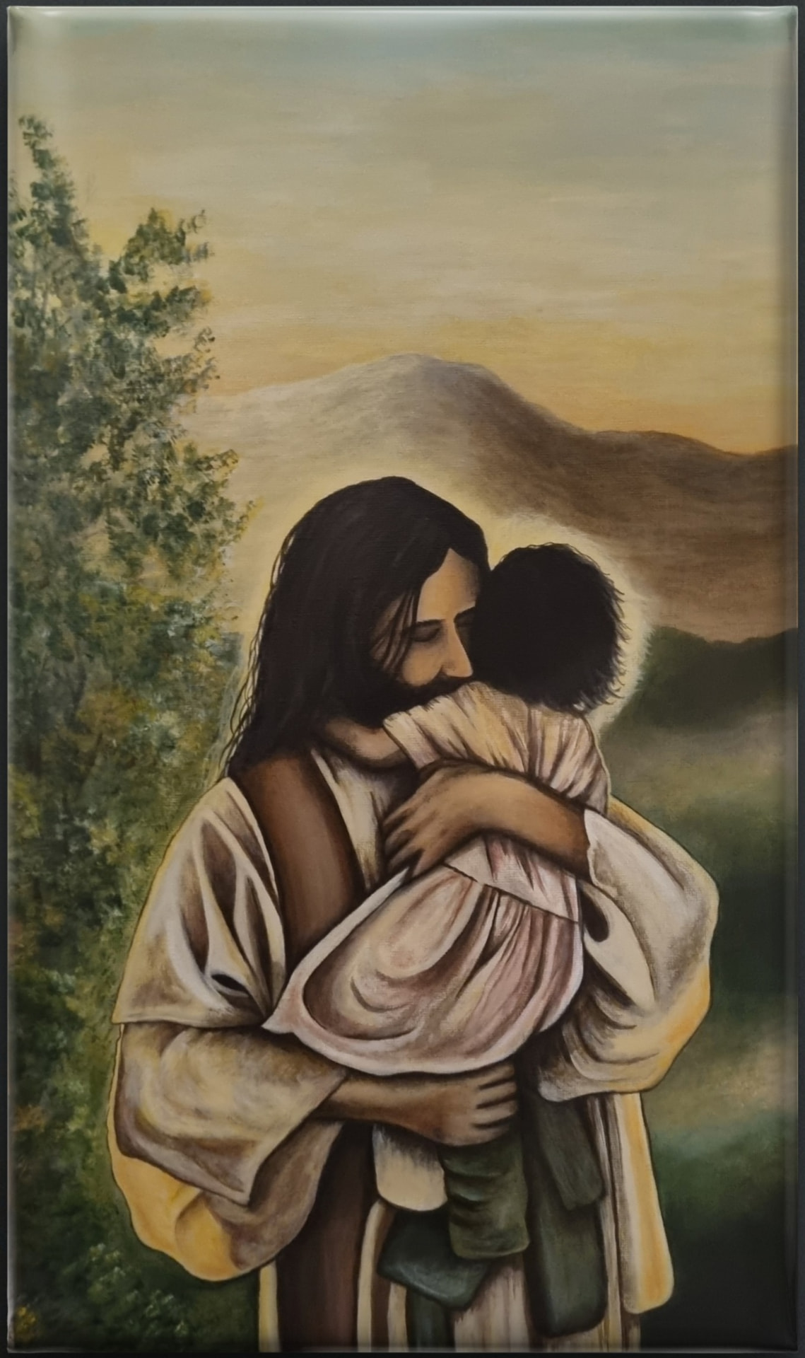 Christian watercolour artwork portraying the safety, comfort and protection found in Christ's embrace.