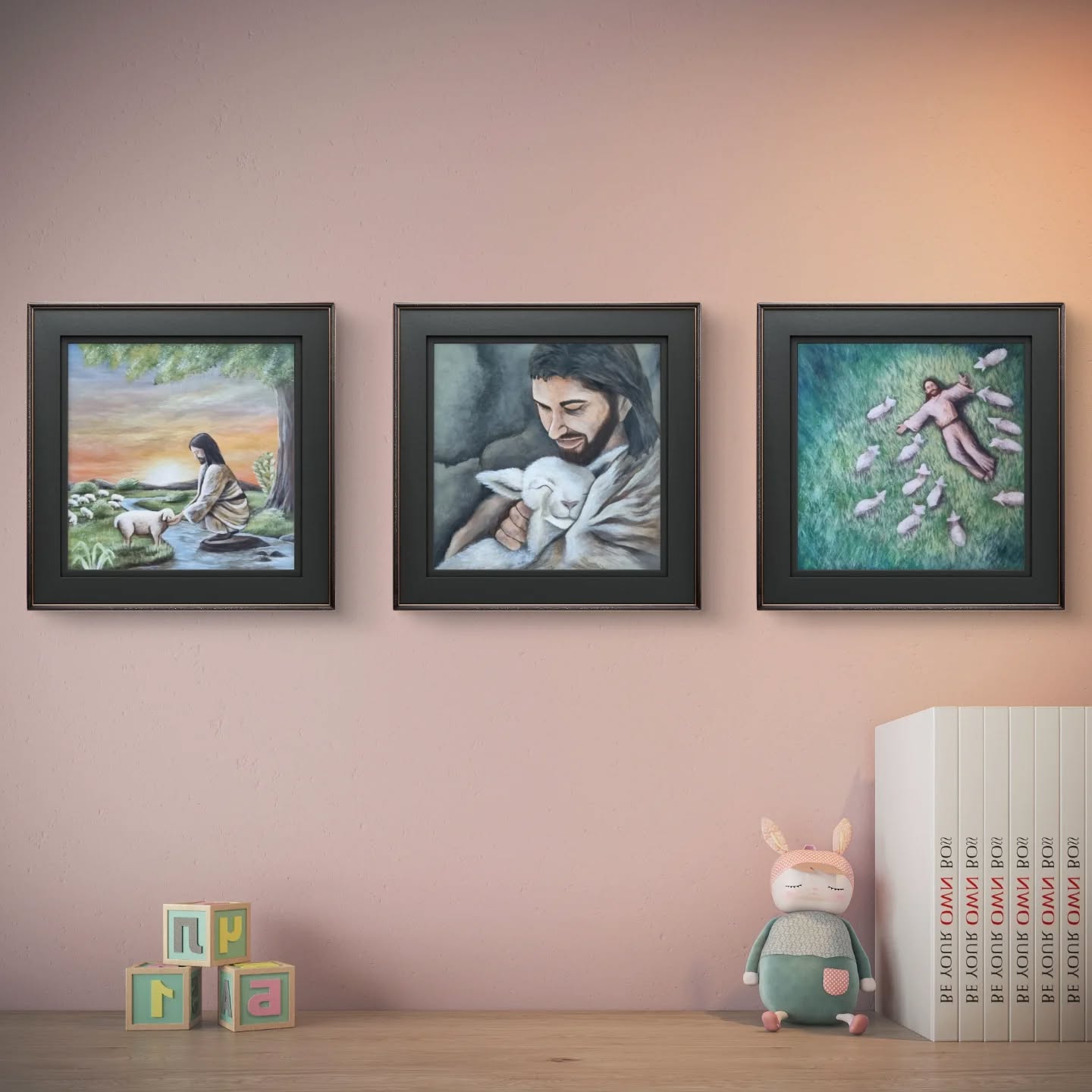 The Good Shepherd collection — three framed original paintings arranged as a nursery gallery wall by Melinda Viljoen.