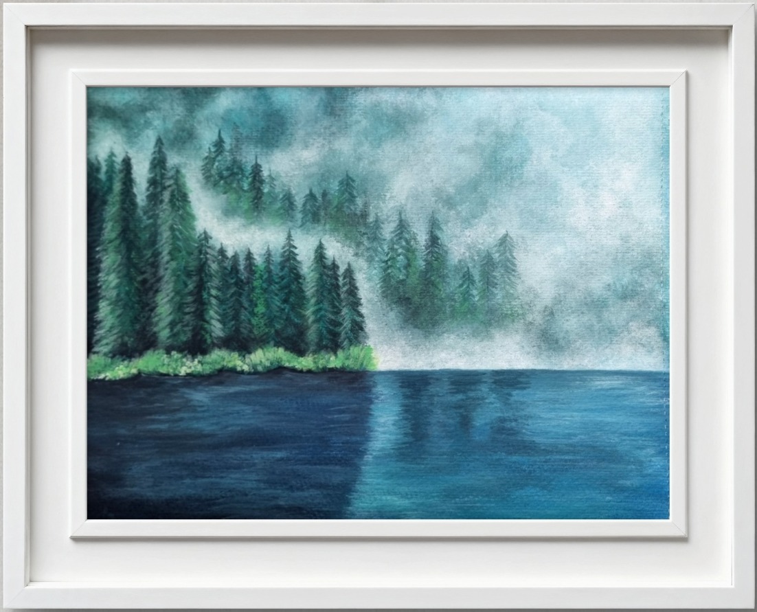 Watercolour woodland landscape featuring a calm lake reflecting surrounding trees.