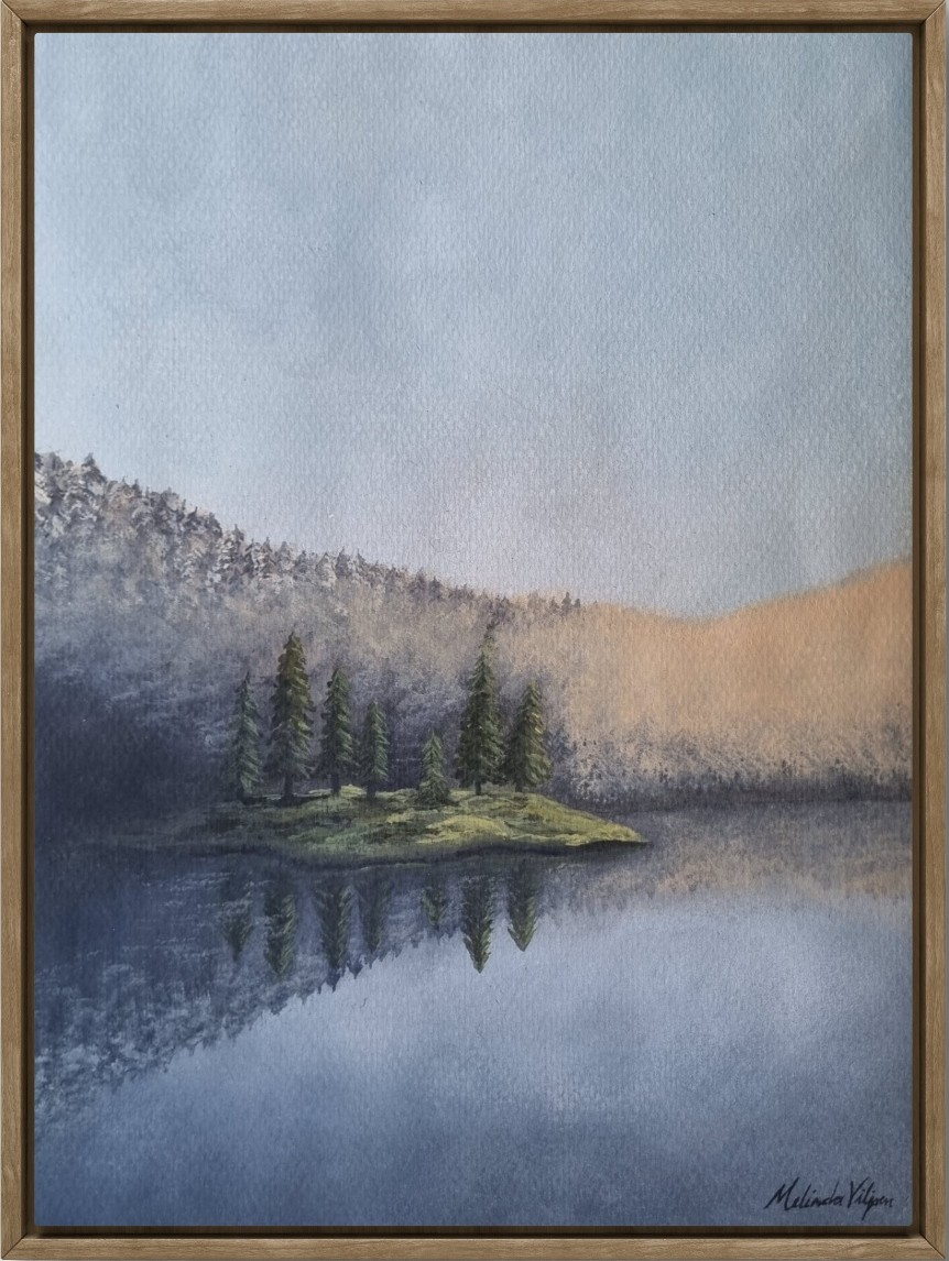 Lakeside Reflection by Melinda Viljoen, depicting an evergreen-covered island reflected in a misty mountain lake beneath soft golden light.