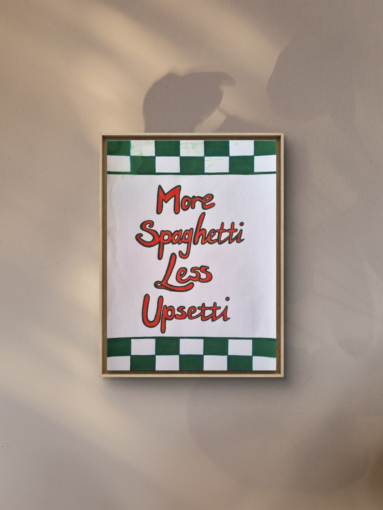 Watercolour still life of a spaghetti meal with a playful, light-hearted theme.