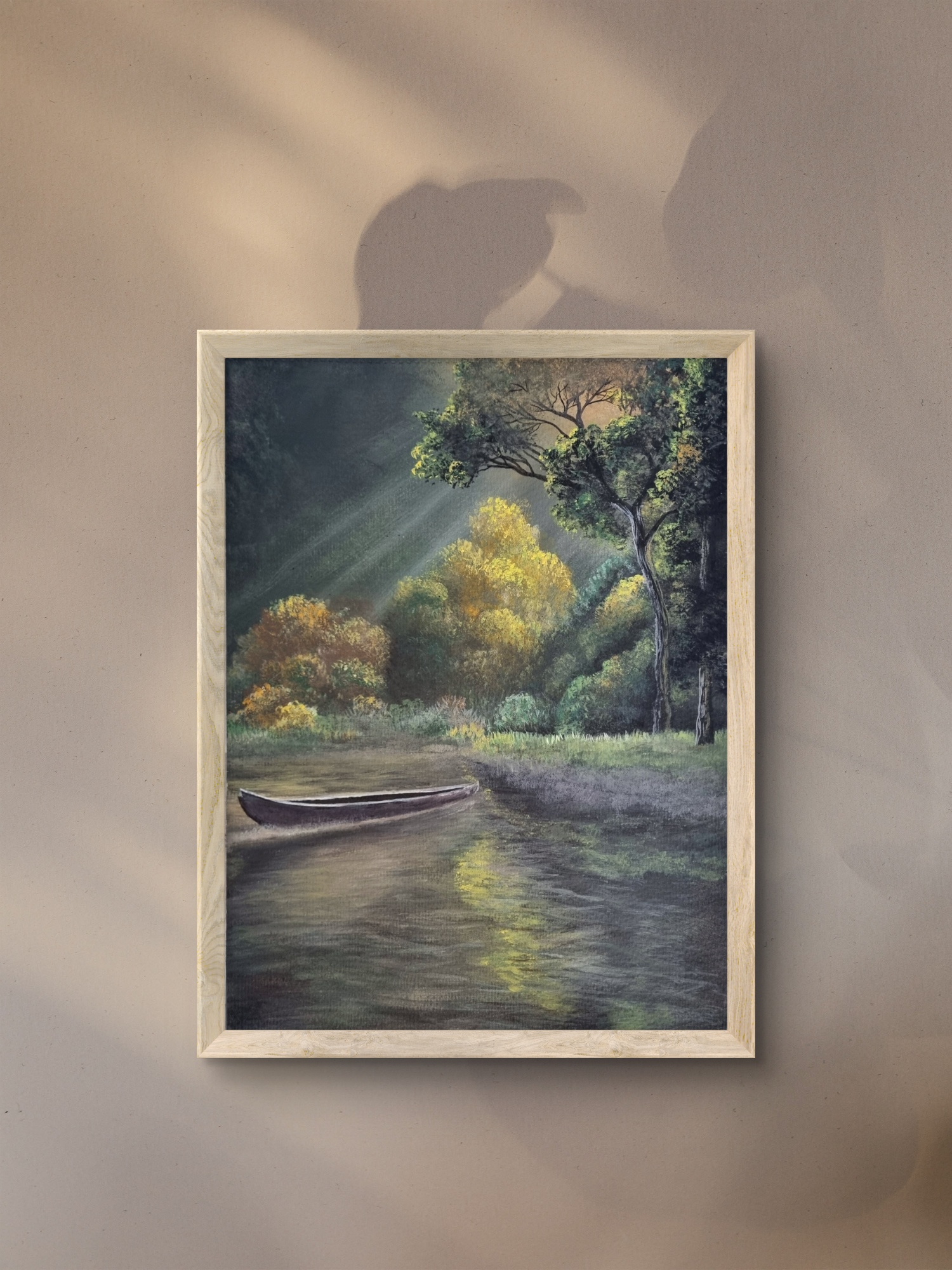 Watercolour landscape of a quiet riverbank shaded by mature trees and natural foliage.