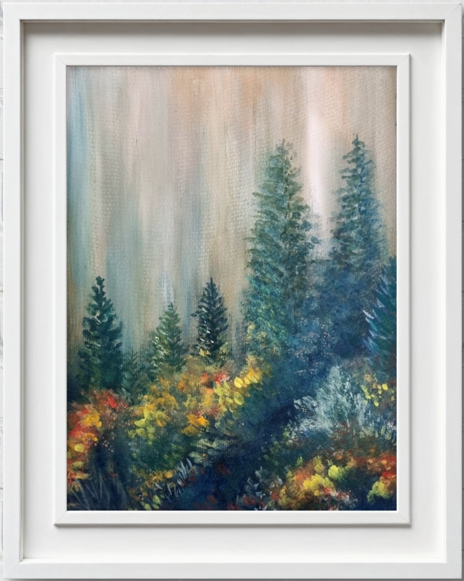 Watercolour woodland scene capturing the stillness and quiet beauty of a dense forest.