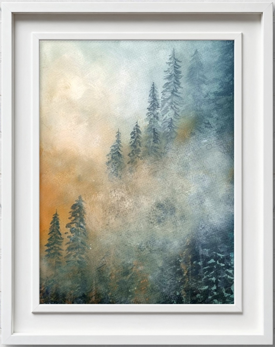 Watercolour forest landscape with sunlight filtering through trees at the start of a new day.
