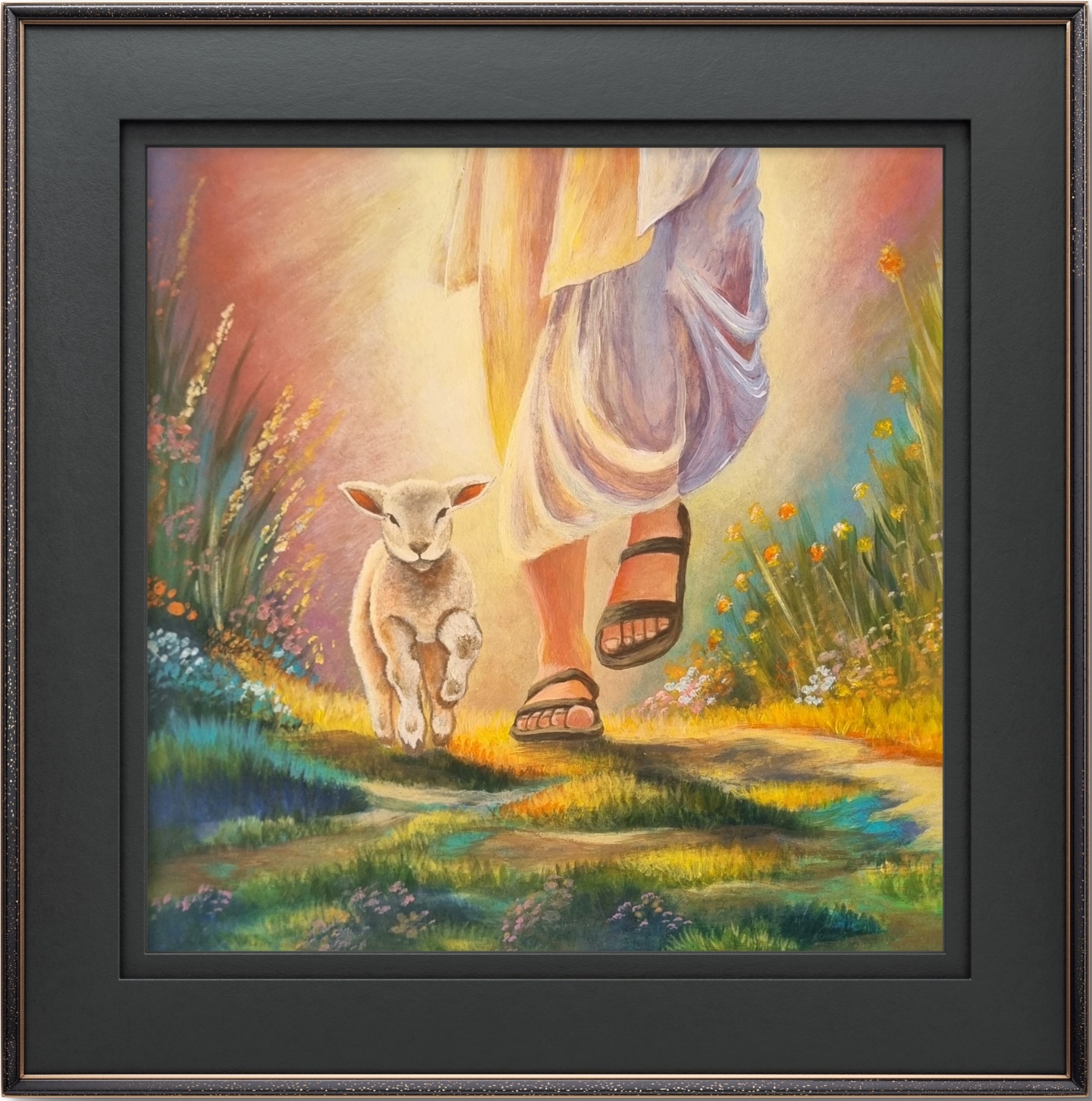 Acrylic painting on a wooden serving tray showing Jesus walking with a sheep along a peaceful path.