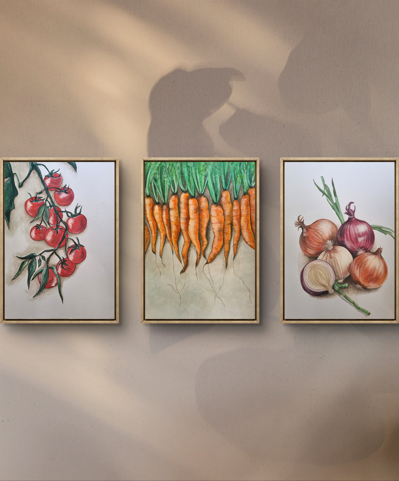 Kitchen & Table collection — three original still life paintings of tomatoes, carrots and onions by Melinda Viljoen.