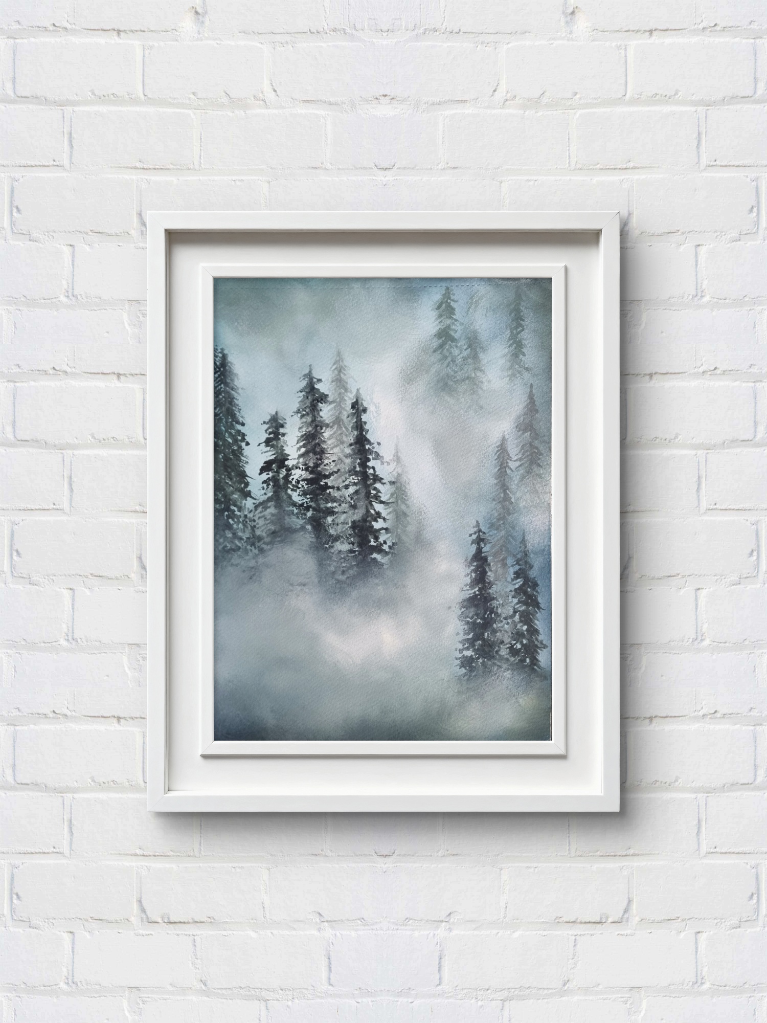 Watercolour forest landscape with mist drifting among tall trees in soft morning light.
