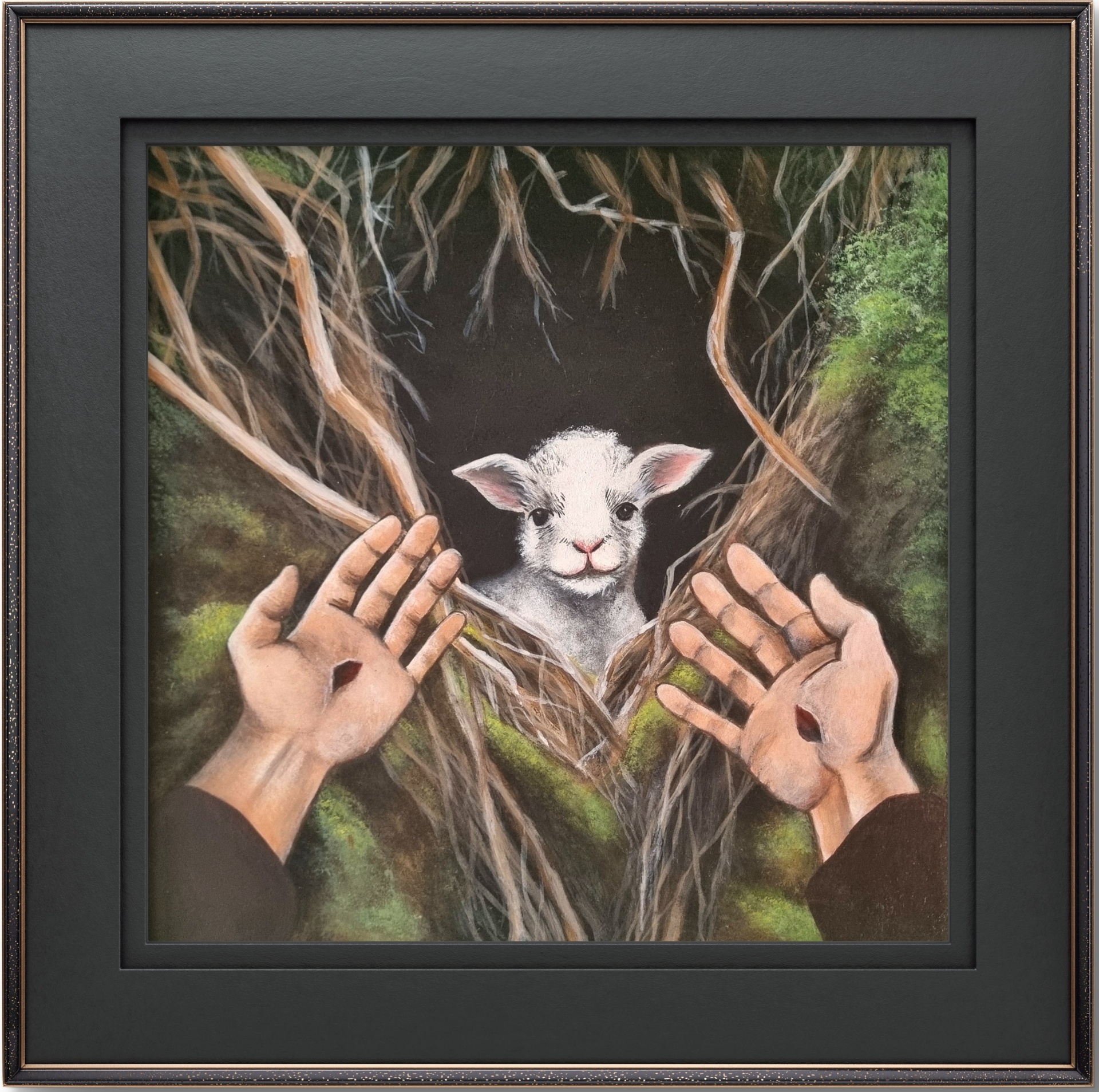 Acrylic painting on a wooden serving tray portraying the Good Shepherd searching for a lost sheep.