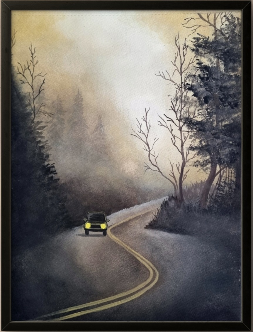 Watercolour mountain landscape showing a mist-covered pass winding through dramatic peaks.